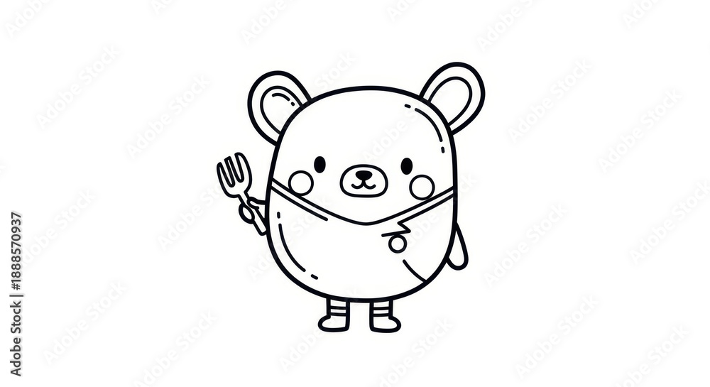 Obraz premium Cute Bear Chef in Mask Holding Fork, Kawaii Food Illustration