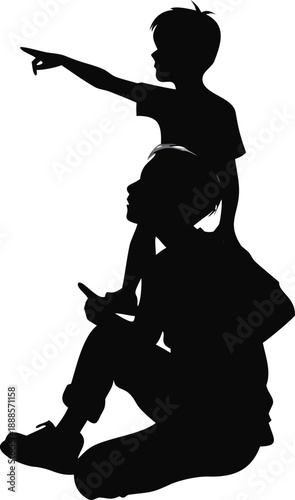 Boy Sitting On Shoulders Pointing At Space Silhouette