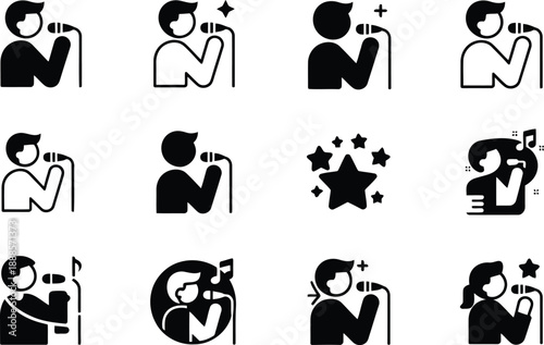A large assortment of monochrome singer icons depicting diverse performers with microphones and musical themes