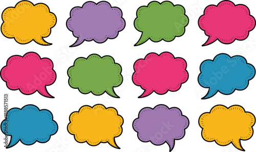 A neat grid of twelve distinct solid colored speech bubbles with bold outlines against a pristine white surface