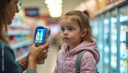 Little girl gets body temperature measured with thermal camera in store. Woman scans child for fever during public health check. Safety measures for pandemic.