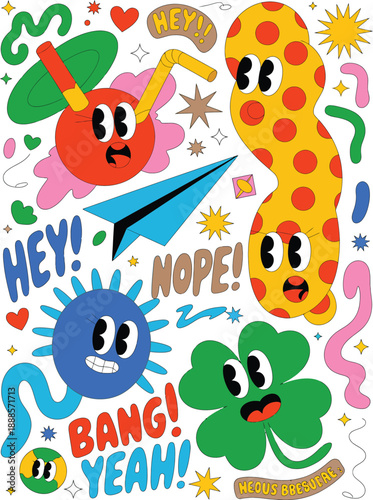 Colorful cartoon bacteria characters with speech bubbles and stars