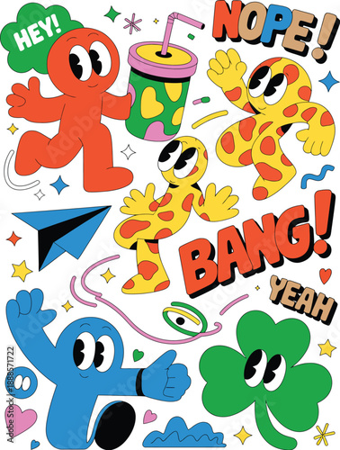 Colorful cartoon characters interacting with drinks and