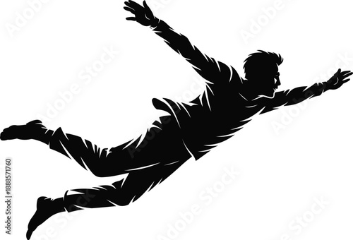 A professional male silhouette flying through the air with arms spread wide and legs bent slightly