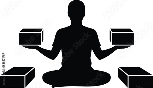 Silhouette of a person in a meditative pose holding building blocks and surrounded by more blocks symbolizing construction and creative problem-solving