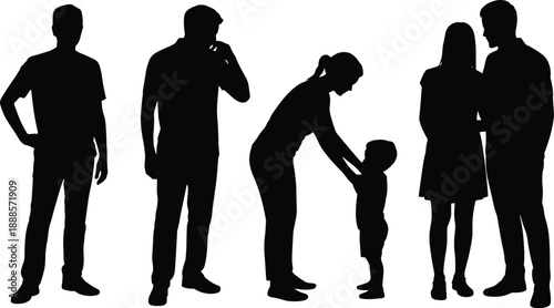 Silhouettes of diverse individuals and a family group interacting against a white background people