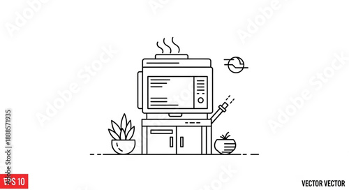 Modern office printer with steaming output and plant.