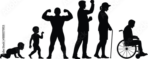 Visual representation of human life stages in silhouette form from babyhood through adulthood and into old age with diverse poses