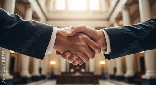 Two businessmen shaking hands in grand hall, symbolizing legal or corporate agreement