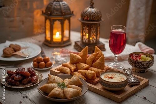Ramadan Iftar Feast with Dates, Samosas and Refreshing Drink