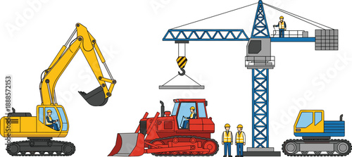 Construction site with heavy machinery including excavator, bulldozer, tower crane, and workers in safety helmets vector illustration