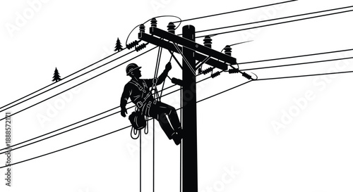Electric lineman working on power line pole silhouette illustration showing utility worker repairing high voltage electrical transmission cables