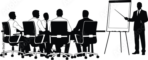 Business meeting presentation silhouette, corporate team discussing strategy with presenter pointing at board, professional conference concept, black vector illustration