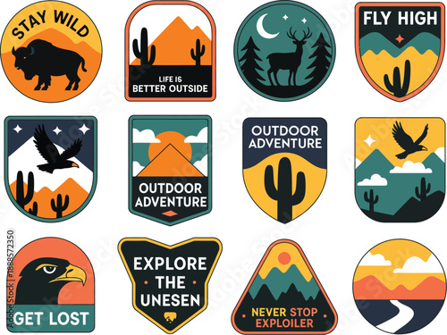 Colorful outdoor adventure patches with nature motifs and slogans 1