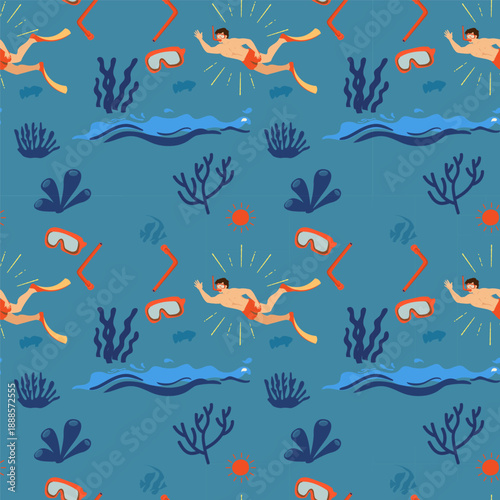 Seamless vector illustration of a cartoon underwater pattern featuring tropical fish and marine life like fishes and coral reefs in a blue ocean design