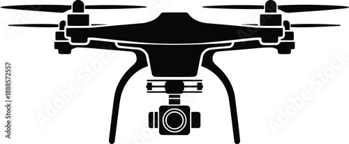 A sleek black silhouette of a modern quadcopter drone with a camera attached on a pure white backdrop