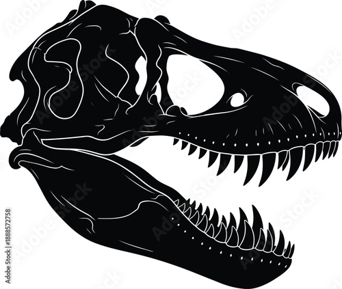 Tyrannosaurus rex skull silhouette illustration, prehistoric dinosaur skeleton head, black vector design, isolated on white background
