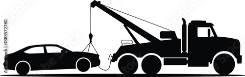 A stark black silhouette of a tow truck hooked up and pulling a broken down car on white