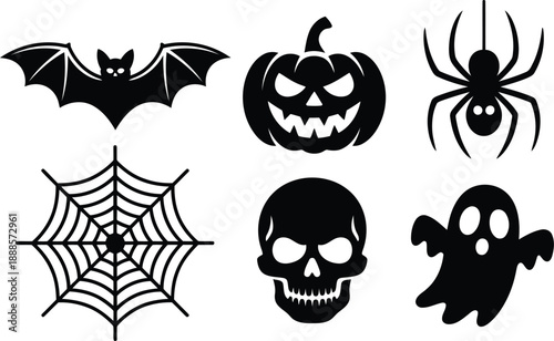 A striking compilation of iconic black Halloween silhouettes featuring a bat pumpkin and ghostly figure