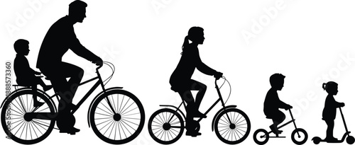 Silhouette of a family enjoying a bike ride together with children on bicycles and scooters representing outdoor activity and family bonding