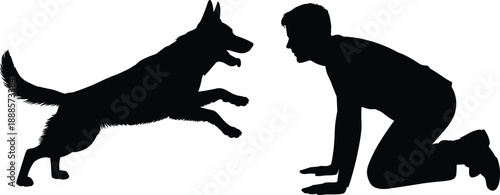 Silhouette of a German Shepherd dog leaping enthusiastically towards a person in a kneeling position on a white background