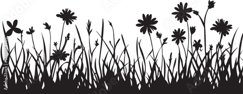A natural spring meadow landscape featuring a black grass and reeds silhouette with dandelion seeds and summer flowers isolated on a white abstract sky background