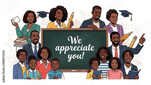 Diverse group of people holding books and appreciation message on chalkboard education and gratitude concept