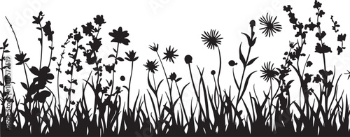 Vector illustration of a grass and dandelion silhouette growing in a summer meadow field against a blue sky with spring flora and garden plants in bloom