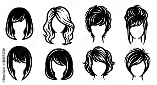 Collection of diverse female hairstyles illustrated in black and white.