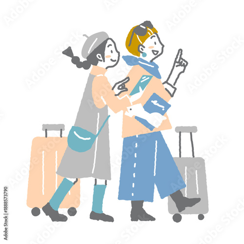 友達との旅行を楽しむ若い女性　やわらかいタッチのお洒落なシンプルイラスト