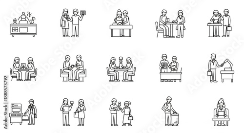 Collection of Hand Drawn Icons Representing Business and Social Interactions.