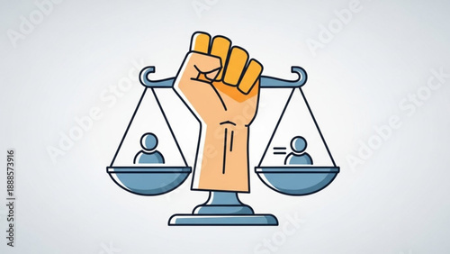 Fist holding scales with unequal people weights symbolizing imbalance and unfairness in justice system