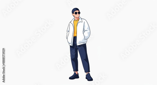 Young man wearing a white puffer jacket and sunglasses.