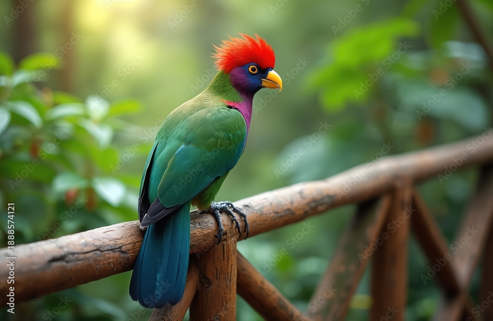 Obraz premium Red crested turaco bird with green body and bright orange crest sits on wooden railing. Exotic bird with blue tail and purple neck colors rests in rich green jungle foliage background.