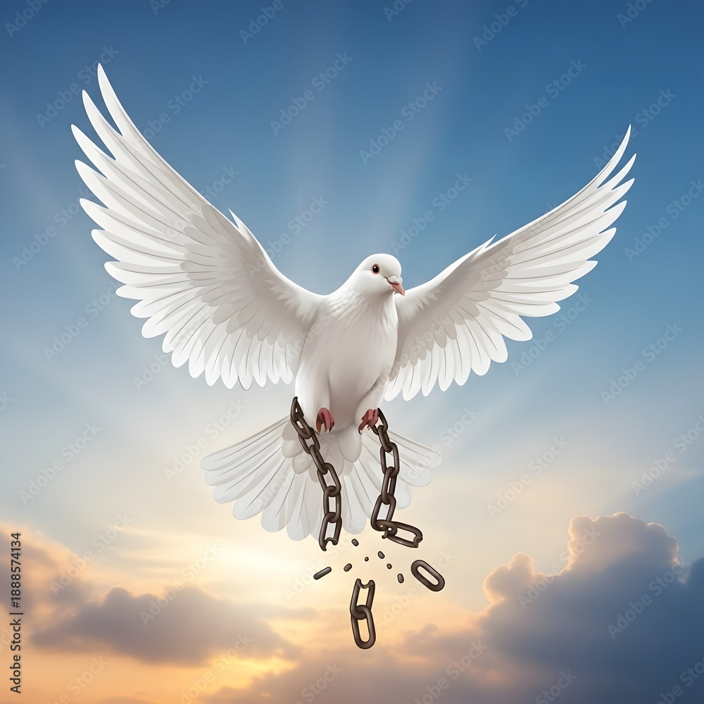 Obraz premium White Dove Breaking Chains Flying in Sky with Sun Rays