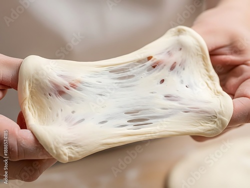Stretching pizza dough, handmade preparation in domestic kitchen