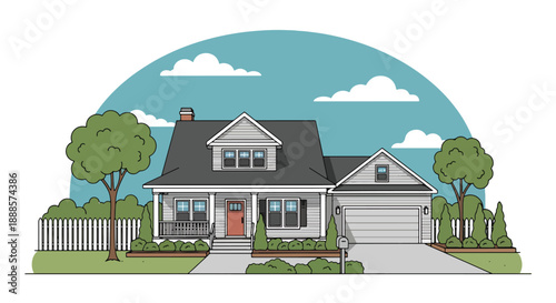 Cozy suburban single-family house with porch and garden, modern flat vector illustration showing residential architecture, peaceful neighborhood, and comfortable lifestyle living