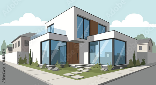 Minimalist cube house with flat roof and courtyard, modern flat vector illustration highlighting contemporary architecture and stylish urban residential design
