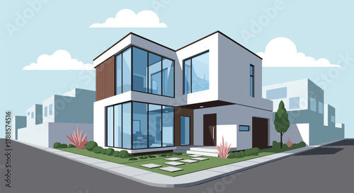 Minimalist cube house with flat roof and courtyard, modern flat vector illustration highlighting contemporary architecture and stylish urban residential design