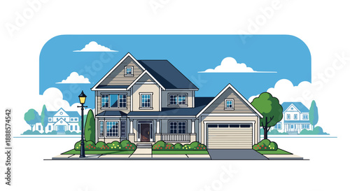Classic two-story family house with garden and garage, modern flat vector style showing suburban architecture and comfortable residential lifestyle