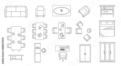 Collection of architectural drawings of furniture and room layouts.