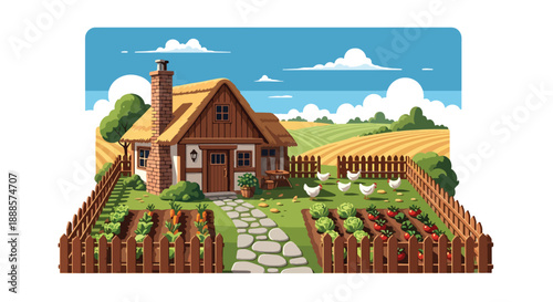 Rustic countryside cottage with garden and farmland, modern flat vector illustration showing traditional rural architecture and peaceful living