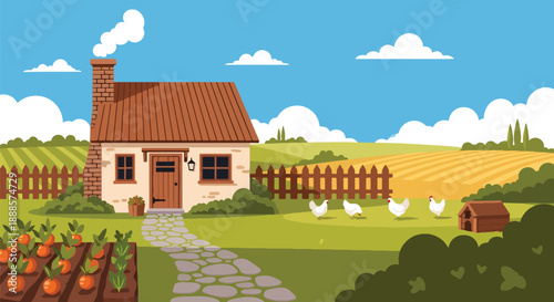 Rustic countryside cottage with garden and farmland, modern flat vector illustration showing traditional rural architecture and peaceful living