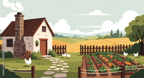 Rustic countryside cottage with garden and farmland, modern flat vector illustration showing traditional rural architecture and peaceful living