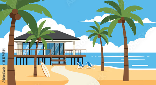 Tropical beach house with palm trees and ocean view, flat vector illustration showcasing coastal architecture and relaxed seaside lifestyle