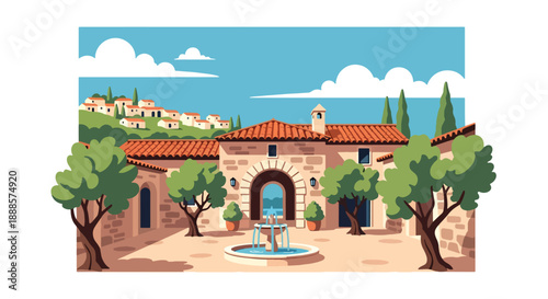 Mediterranean villa with courtyard and olive trees, modern flat vector style showing southern European architecture and sunny lifestyle