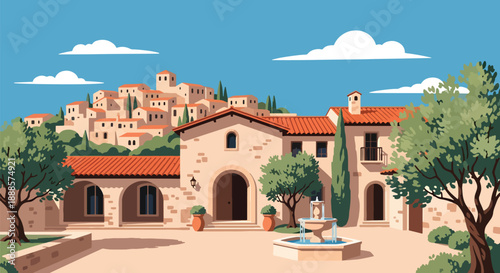 Mediterranean villa with courtyard and olive trees, modern flat vector style showing southern European architecture and sunny lifestyle