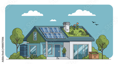 Eco-friendly house with solar panels and green roof, flat vector illustration showing sustainable architecture and modern living
