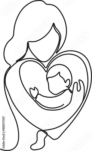 Minimalist continuous line icon of a mother holding her child forming a heart shape for maternal love