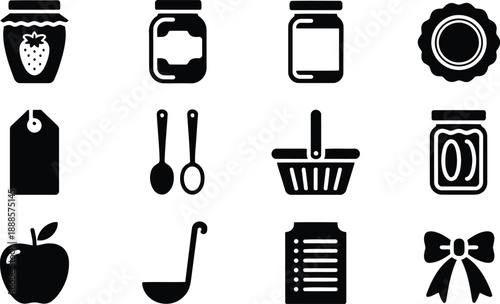 Collection of black glyphs depicting grocery products kitchen tools and domestic shopping elements